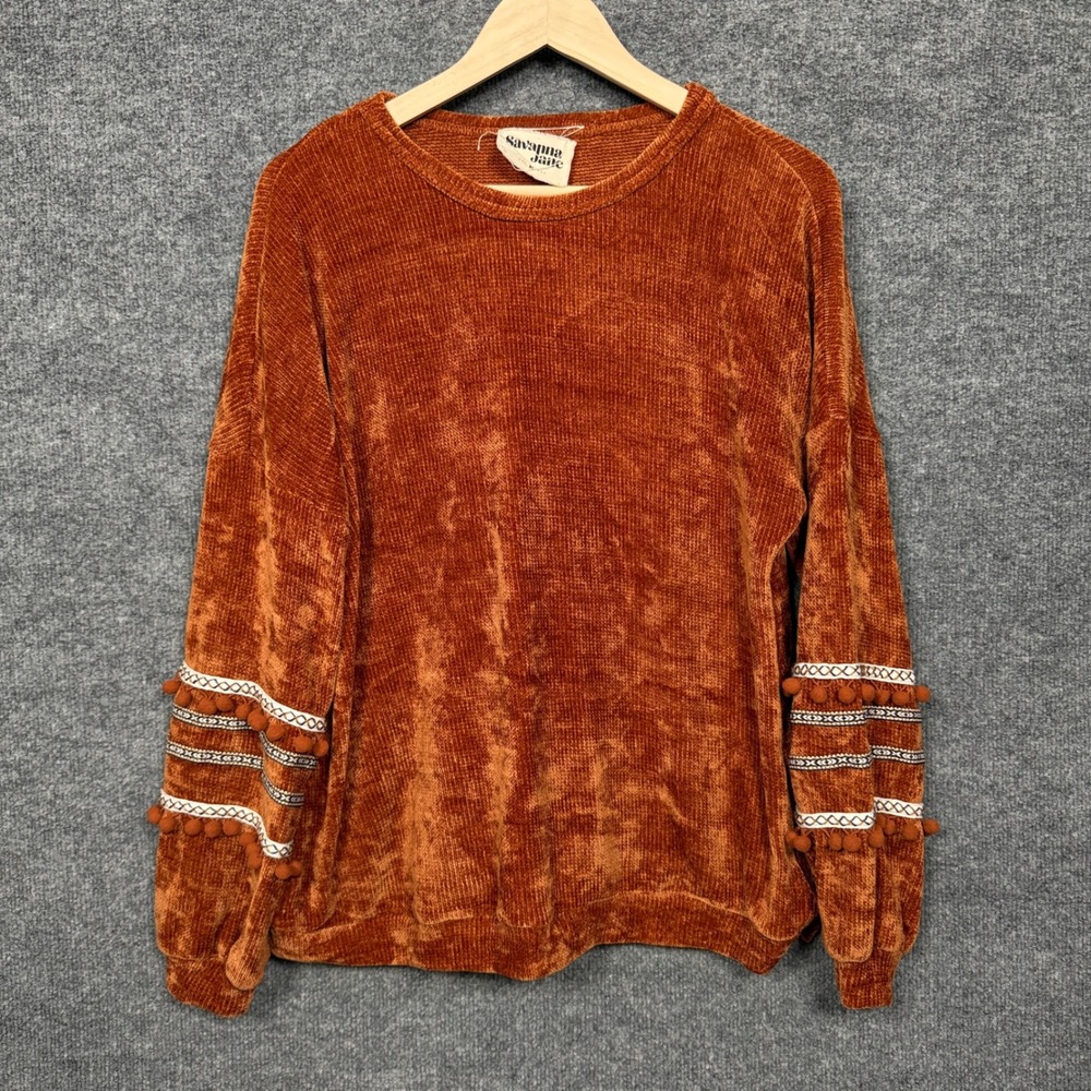 Savanna Jane Medium Sweater Top Burnt Orange Velour Artsy Pom Pom Boho‎ Cozy
